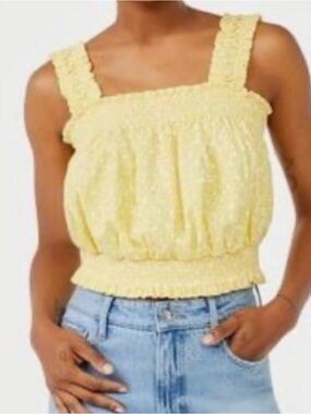 FREE ASSEMBLY Yellow/White Sashi Smocked Cropped Tank Top Size Large